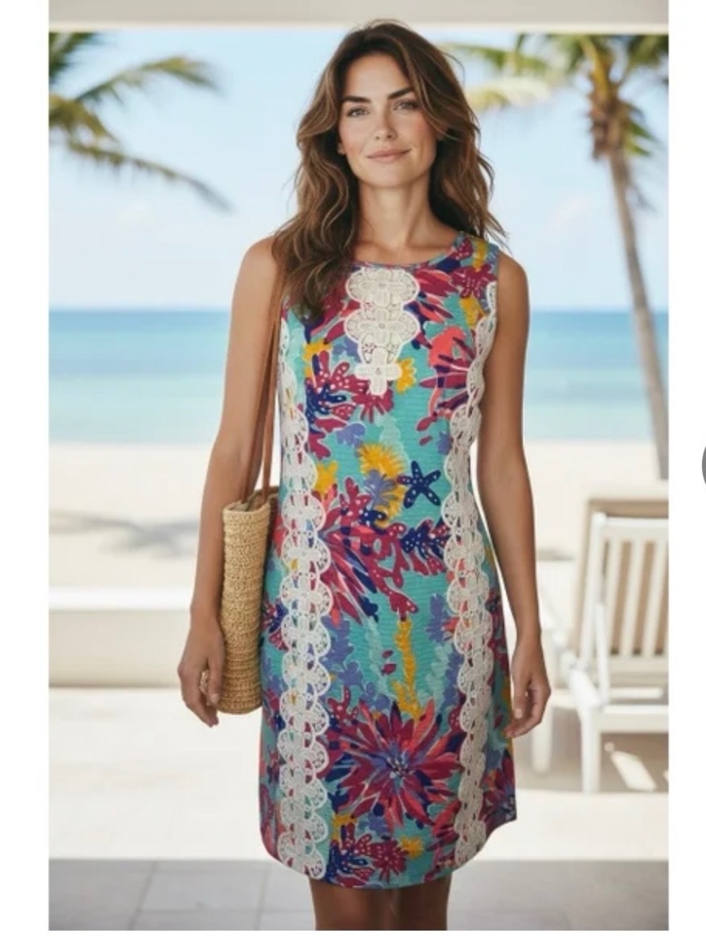 Lilly Pulitzer Turquoise Multi Floral Lace-Trim Sleeveless Dress